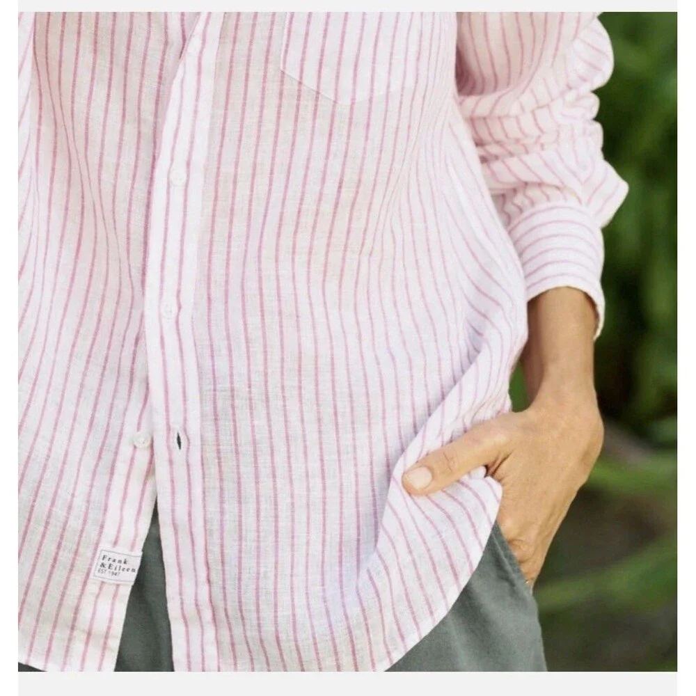 Frank & Eileen Eileen Shirt Women Small Pink White Stripe Linen Coastal Relaxed - Picture 3 of 10